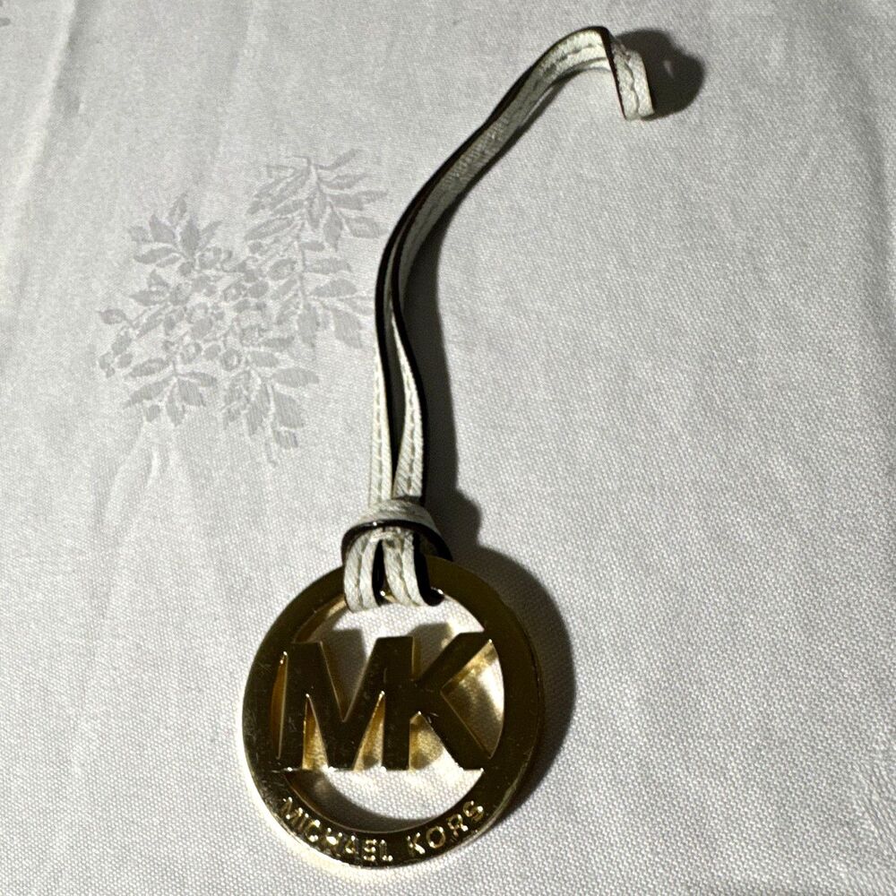 Michael Kors MK Logo Round Bag Charm Handbag Accessory Gold White Strap